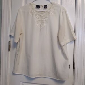 White Embroidered Neckline Womens Top L Dressy Business Casual